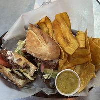Seitan cubano w/ plantain and corn chips and I believe a papaya salsa.  at Bang Up To The Elephant in Denver