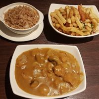 Vegan "Chicken" curry, fried rice & salt and pepper chips at G-Wu in Leeds