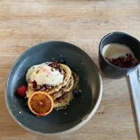 Vegan pancakes and oat flat white   at Wolfox in Hove