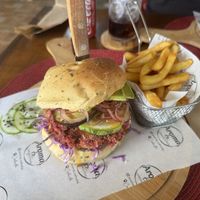 Vegan burger with fries  at Aroma Coffee Bar in Cahuita