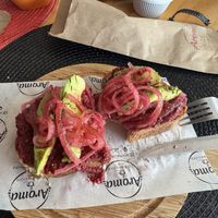 Avocado bread for breakfast   at Aroma Coffee Bar in Cahuita