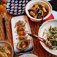 Fried cabbage dumplings, tofu with garlic/ginger/oyster sauce, Noodles with cucumber spring onion/garlic butter peanut sauce, jasmine rice, spring onion pancakes at Suyuan in Bristol