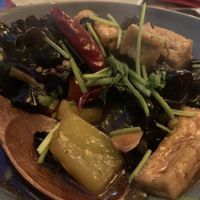 Deep fried tofu stir fries with chilli, garlic, wood eared mushrooms, ginger and VG oyster sauce  at Suyuan in Bristol