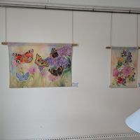 Some of the art being exhibited at Kaernehuset Vegetarian Club in Odense