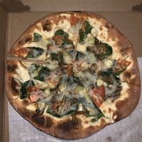 Veggie pizza with vegan cheese and crust 😋 at The Last Chair in Plymouth