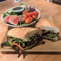 Mushroom bánh mì and side salad. at 98 Center Moab in Moab