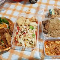 Veg Fried Chicken, Som Tam, Rice with 3 Dishes. at So​ Vegan in Bangkok