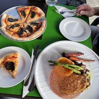 Vegan truffle pizza and the special vegan dish of the day   at Pizzeria Artesana in Copecito