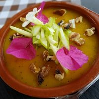 mango and passion fruit raw flan at Pizzeria Artesana in Copecito