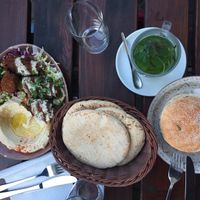 Falafelburger, great pita, mint tea and kebab platter  at Hummus Küch' in Frankfurt