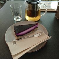 Samovar for tea with herb blend and a "Käsekuche", cheesecake. at Vabiou's in Hamburg