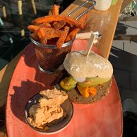 Grill Master Burger with sweet potato fries at Vabiou's in Hamburg