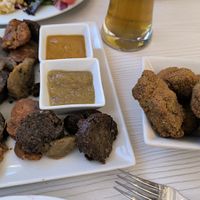 Croquetas de champiñones y mix de butifarra, chorizo y morcilla. at La Casa de la Montaña in Jaca