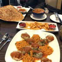 All vegan: aushak (dumplings), gold wedges (fries) aush soup, and boulany (potato-filled naan) at Afghan Kitchen in Surrey