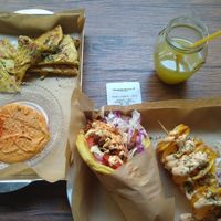 Hummus and pitta corn bread at Vegan Beat in Athens