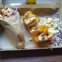 Space Gyros, spiral potato and salad at Vegan Beat in Athens