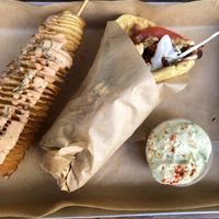 Spiral potatoes with the gyros and tzatziki dip  at Vegan Beat in Athens