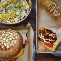 Mango salad, gyro burger and vegan gyro at Vegan Beat in Athens
