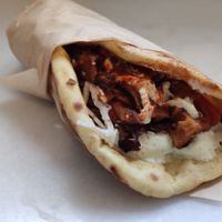 The space gyros... With caramelised oyster mushrooms, onions, tomatoes and vegan mayonnaise.  at Vegan Beat in Athens