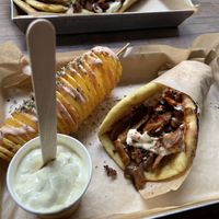 Space gyros, Spital potato, and tzaziki at Vegan Beat in Athens