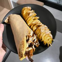 gyro with oyster mushrooms and spiral fries 3,5€ + 2€ at Vegan Beat in Athens