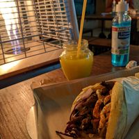 Space gyros and lemonade with "spaghetti straw" at Vegan Beat in Athens