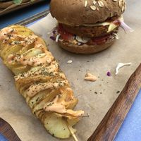"Big boss burger” with spiral fries  at Vegan Beat in Athens