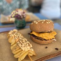 Spiral potatoes + gyros burger   at Vegan Beat in Athens