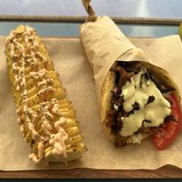 Spiral potato and space gyros  at Vegan Beat in Athens