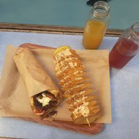 Pita with potato, lemonade and kombucha at Vegan Beat in Athens