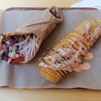 Space Gyros and Spiral Potato at Vegan Beat in Athens