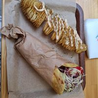 Space gyros with spiral potatoes at Vegan Beat in Athens