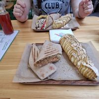 Cannot remember the name but sunflower seed meat alternative in a pitta with spiral potatoes at Vegan Beat in Athens