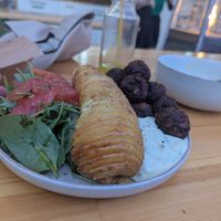 Meatballs and spiral potato at Vegan Beat in Athens