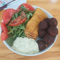 Vegan Meat Balls with Potato, Tzatziki and Salat at Rhino Vegan Beat in Athens