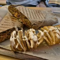 Lahmacun and spiral potato at Rhino Vegan Beat in Athens