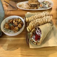 Pastitio, cauliflower nuggets, Pitogyro and spiral potatoes  at Rhino Vegan Beat in Athens