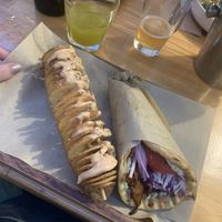 Space gyros combo, beer and the amazing house lemonade  at Rhino Vegan Beat in Athens