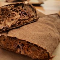 Red cabbage, tomato and hummus lamajun at Rhino Vegan Beat in Athens