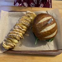 Cauliflower wings burger with spiral potatoes  at Rhino Vegan Beat in Athens