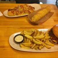 Tsimitsouri burger and carrot hotdog at Vegan Beat in Athens
