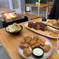 Tofu nuggets with truffle mayo, then the truffle mayo& cheez fries, then the tofu and pepper skewers with hummus and then the vegan chicken burger   at Rhino Vegan Beat in Athens