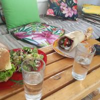 Bean&mushroom burger and greek gyros at Rhino Vegan Beat in Athens