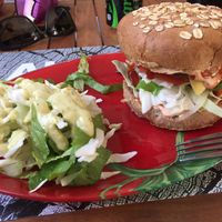 Top notch red bean and mushroom burger at Vegan Beat in Athens