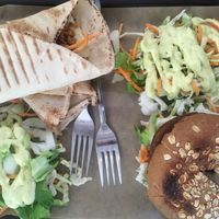 Red bean-mushroom burger and lahamajoun  at Vegan Beat in Athens