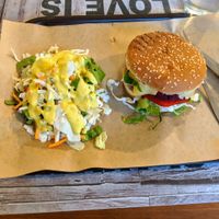 Beet/chickpeas burger at Vegan Beat in Athens