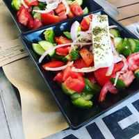 Greek salad with best feta in town at Vegan Beat in Athens