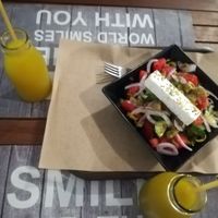 Greek salad and lemonade at Vegan Beat in Athens