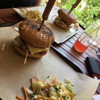 Redbean & mushroom + beetroot & chickpeas burgers (and kombucha) at Vegan Beat in Athens