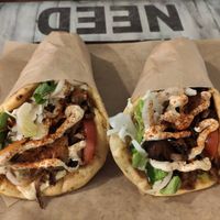 Greek gyros with oyster mushrooms, vegan tzatsiki, tahini and more  at Vegan Beat in Athens